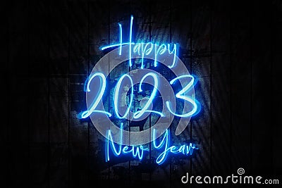 Happy New Year 2023 Neon Sign on a Dark Wooden Wall 3D illustration Cartoon Illustration