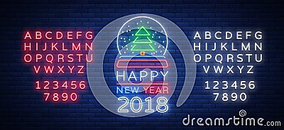 Happy new year 2018 is a neon sign. Neon symbol for your New Year`s projects Vector Illustration