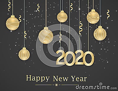 Happy New Year 2020. New Year background with golden hanging balls and ribbons. Text, design element. Vector Illustration