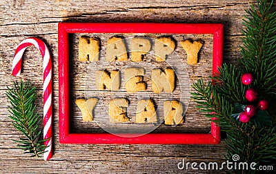 Happy new year note written with cookies Stock Photo