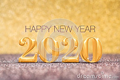 Happy new year 2020 year number 3d rendering at sparkling golden and red copper glitter floor studio background ,Holiday Stock Photo