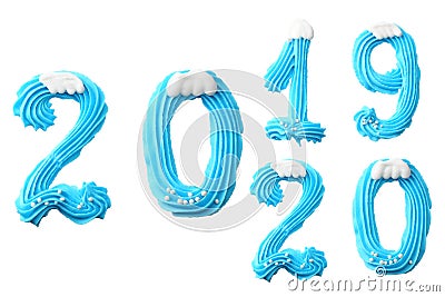 Happy New Year 2020. Number 2020 made of blue sweets. Creative typography, banner design. Sweet winter dessert ingredients Stock Photo