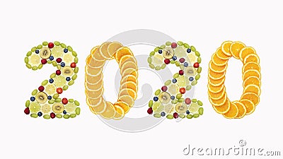 Happy New Year 2020. Number 2020 made of tropical and exotic fruits. Fresh fruits and berries composed in 2020 inscription. Creati Stock Photo