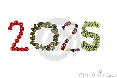 Happy New Year 2025 number made of fruits and vegetable on white Stock Photo