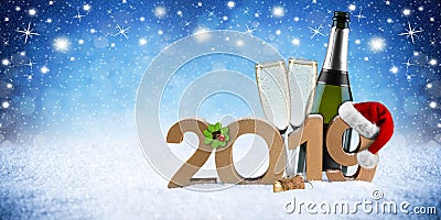 Happy new year 2019 number with santa hat four leaf clover champ Stock Photo