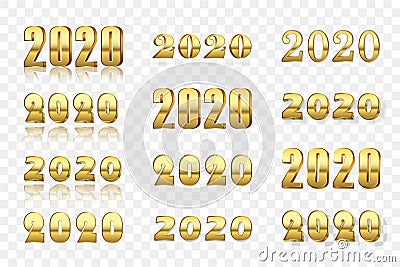 Happy New Year number set. Gold 3D number 2020 isolated white transparent background. Bright golden design greeting card Vector Illustration