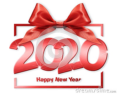 2020 happy new year number text in box frame with red ribbon bow isolated on white background Stock Photo