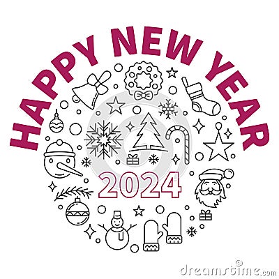 Happy New Year 2024 outline Banner - vector december holidays illustration Vector Illustration