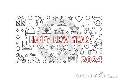 Happy New Year 2024 outline Greeting Card - vector Holidays horizontal illustration Cartoon Illustration