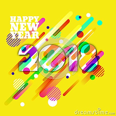 Happy New Year 2018 paper greeting card. Multicolor numbers with motion dynamic texture. Vector Illustration