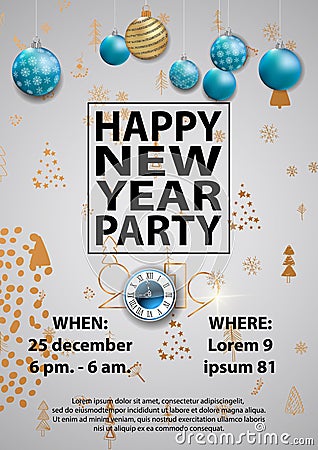 Happy New Year Party 2019 Card for your design. Vector Illustration