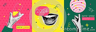 Happy new 2024 year party cards set in halftone design with yelling mouth and hands holding champagne and mirror ball Vector Illustration