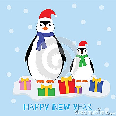 Happy new year. Penguins in Christmas hats and gifts on the ice Vector Illustration