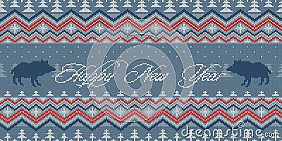 Happy New Year. Year of the Pig. Winter night - Christmas knitted woolen seamless pattern with wild boars in the spruce forest Vector Illustration