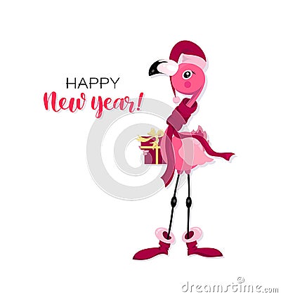 Happy New Year! Pink flamingo in santa`s hat and with a gift. Christmas flamingo. Vector Illustration