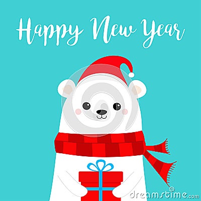 Happy New Year. Polar white bear cub face holding gift box present. Red Santa hat, scarf. Cute cartoon baby character. Merry Vector Illustration