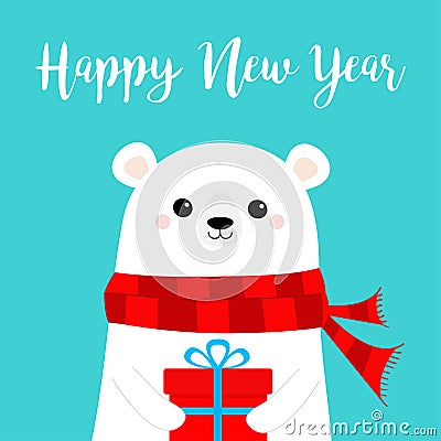 Happy New Year. Polar white bear cub face holding gift box present. Red scarf. Cute cartoon baby character. Merry Christmas. Vector Illustration