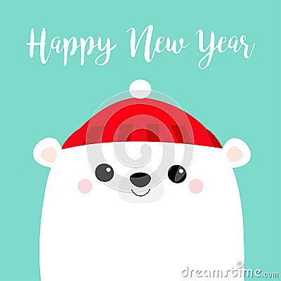 Happy New Year. Polar white bear cub face. Red hat. Merry Christmas. Cute cartoon baby character. Arctic animal. Hello winter. Vector Illustration