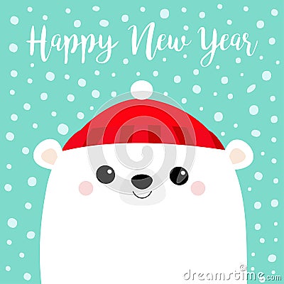 Happy New Year. Polar white bear cub face. Red hat. Merry Christmas. Cute cartoon baby character. Arctic animal. Hello winter. Vector Illustration