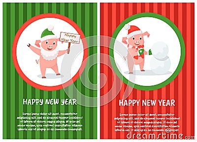 Happy New Year Postcard Cartoon Pig Wishes Snowman Vector Illustration