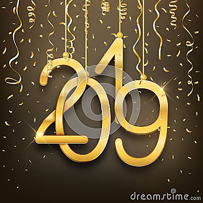 Happy New Year 2019 postcard realistic golden numbers and confetti Vector Illustration