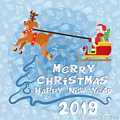 Happy new year poster with flat santa claus and deer Stock Photo