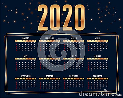 Happy new year 2020 premium calendar design template Vector Illustration