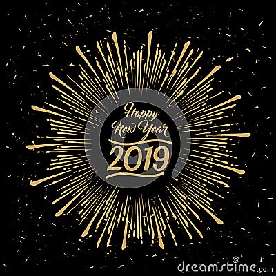 2019 Happy New Year radiating grungy star burst in gold and black Vector Illustration