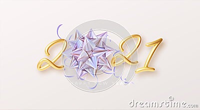 Happy New Year Realistic gold lettering 2021 with gift golden holographic rainbow bow and golden tinsel on a white Vector Illustration