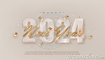 Happy New Year 2024. Realistic gold lettering New Year on Pastel number 2024. Vector Illustration