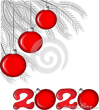 Happy New Year. Red Christmas balls on gray coniferous branches and red numbers 2020 on a white background Vector Illustration