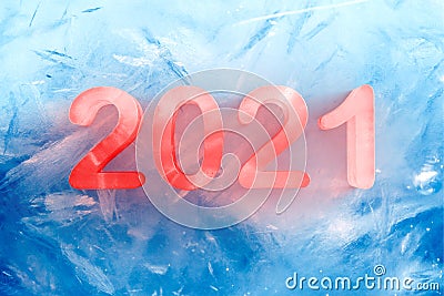 2021 happy new year red ice text on blue frozen background, 3d render Stock Photo