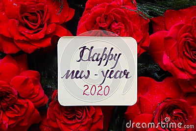 Happy New Year 2020 with red roses. Stock Photo