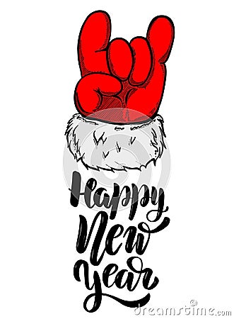 Happy new year. Santa Claus hand with rock and roll sign. Vector Illustration