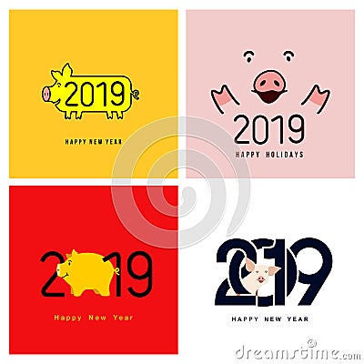 Happy New Year. Set of cute funny pig. Chinese symbol of the 2019 year. Excellent festive gift card for your design. Vector illust Cartoon Illustration