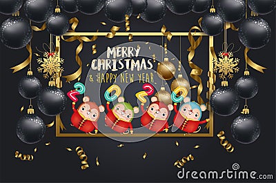 Happy New Year 2020 - New Year Shining background with rat and balls Vector Illustration