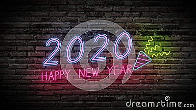 Happy new year shiny neon fluorescence lamps sign glow on black brick wall. colorful sign board with colorful text Happy new year Stock Photo