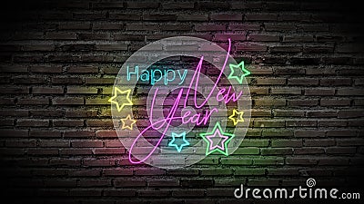 Happy new year shiny neon fluorescence sign glow on black brick wall. colorful sign board with text Happy new year and colorful Stock Photo