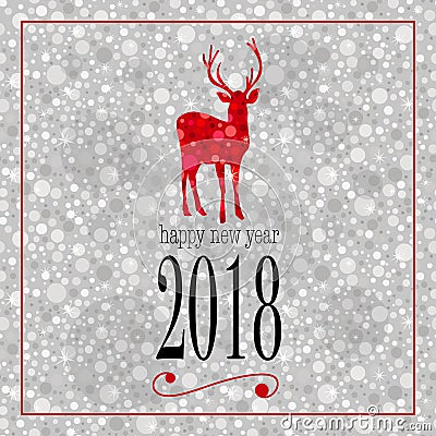 Happy new year 2018 silver card with glitter red reindeer Vector Illustration