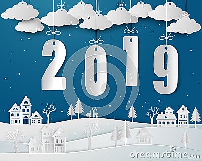 Happy new year 2019 with snow urban countryside in winter season Cartoon Illustration
