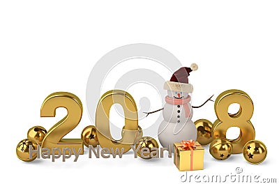 2018 Happy New Year with snowman.3D illustration. Cartoon Illustration