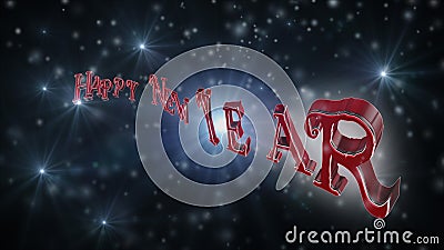 Happy New Year Text On Black Backround Full of Snow, Stars and Light 3D Rendering Stock Photo