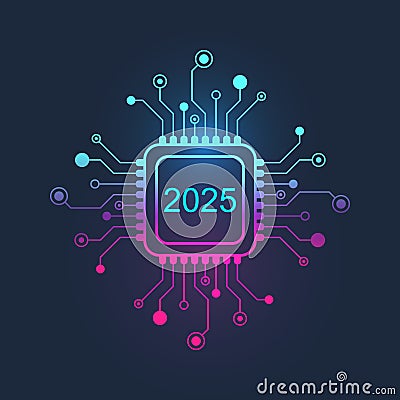 Happy New Year 2025 text design on the chip, component, microchip, semiconductor, circuit board, processor, CPU. Tech Vector Illustration