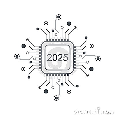 Happy New Year 2025 text design on the chip, component, microchip, semiconductor, circuit board, processor, CPU. Tech Vector Illustration