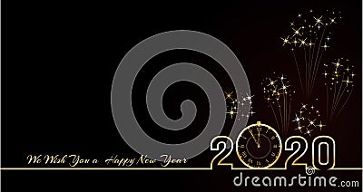 2020 Happy New Year text design. Vector greeting illustration with golden numbers, vintage clock, black background with firework Cartoon Illustration