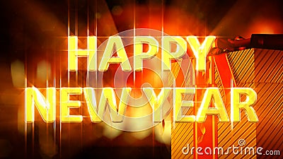 happy new year text with gift box and chimney - abstract 3D illustration Stock Photo