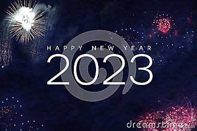 Happy New Year 2023 Text Holiday Celebration Graphic with Fireworks Background in Night Sky Stock Photo