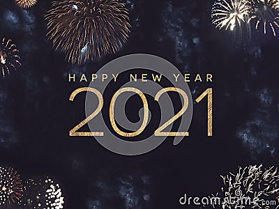 Happy New Year 2021 Text Holiday Graphic with Gold Fireworks in Night Sky Stock Photo