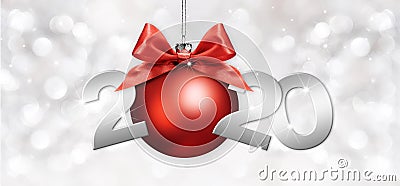 2020 Happy New Year text with red christmas balls and ribbon bow isolated on silver blurred lights Background for Flyers and Stock Photo