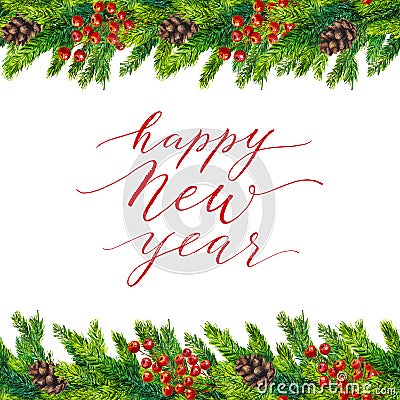 Happy New Year text on watercolor christmas border Stock Photo